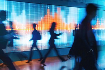 blurred people in motion in front of a digital stock market display with graphs