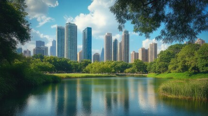 Fototapeta premium City skyline reflected in a tranquil park pond.