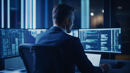 Fototapeta premium An IT director discussing the implementation of cloud infrastructure and cybersecurity measures to ensure the scalability and protection of business operations in a rapidly evolving digital world.