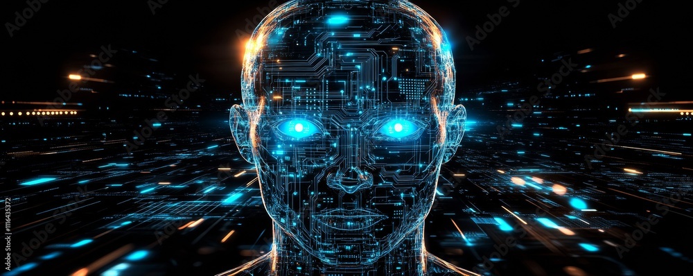 Poster futuristic digital face with glowing circuit board design