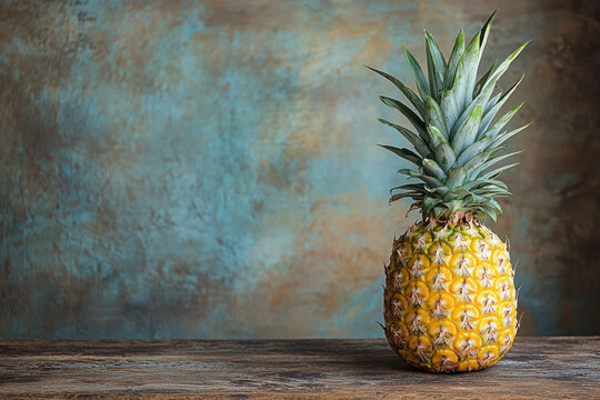 Ripe pineapple on rustic wooden table against textured background.
