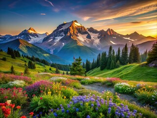 Fototapeta premium Panoramic Landscape of Majestic Mountains at Sunrise with Vibrant Colors and Clear Skies for Nature Lovers and Travel Enthusiasts