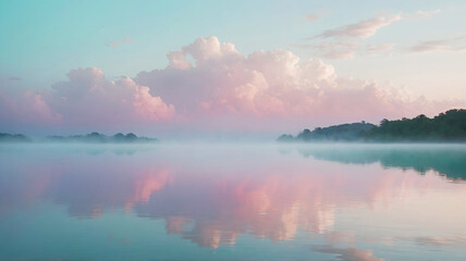 Fototapeta premium A dreamy pastel sky with fluffy white clouds. Ethereal gradient, calming and surreal atmosphere, serene and imaginative themes concept