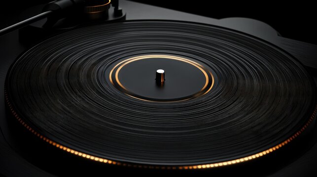 A vinyl record half-inserted into a vintage turntable with focus on the grooves