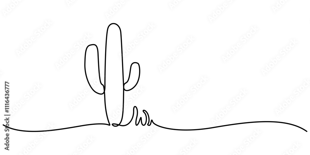 Aufkleber Cactus on the top continuous one line drawing Black and White Sketch House Plants Isolated on White Background, Vector continuous one simple single abstract silk line drawing of cactus isolated on. 