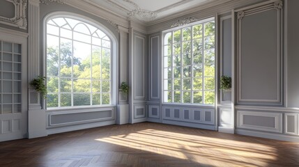 Fototapeta premium Sunlit, elegant room with large windows, hardwood floors, and grey walls.