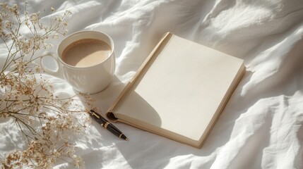 View of a book with blank cover, placed next to a cup full of coffee and an ink pen lying on a white tablecloth.