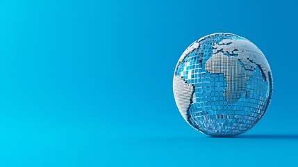 A reflective globe with a mosaic design, set against a vibrant blue backdrop, symbolizing global connectivity.