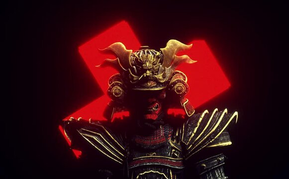 4k A Loop vl samurai figure in ornate armor stands against a glowing red backdrop, exuding a powerful and mystical presence