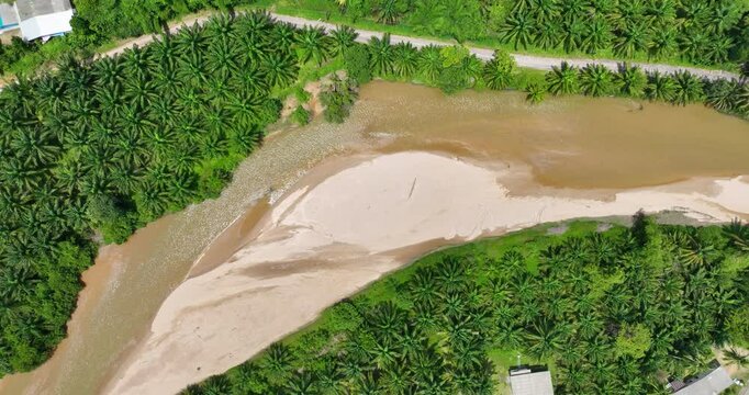 Aerial drone video on Plai Wha river at Phang Nga, Surat Thani, Thailand, river and forest, nature.