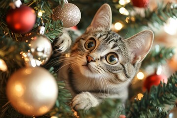 Obraz premium Curious Tabby Cat Playing with Christmas Ornaments Amid Festive Lights.