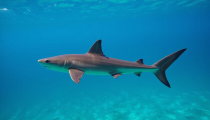 Obraz premium Majestic shark gliding through crystal-clear ocean waters beneath a bright sunlit sky