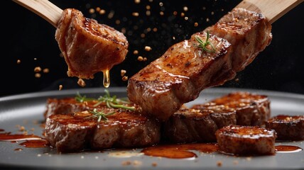 falling diceds grilled meats on a white fire