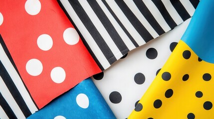 Obraz premium Colorful fabric swatches with polka dots and stripes patterns.