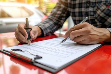 Fototapeta premium Man signing car insurance or lease agreement for vehicle purchase.