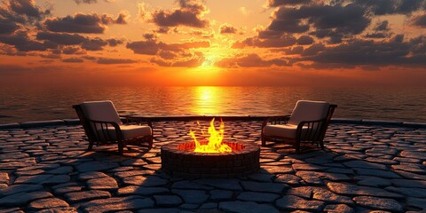 autumn sunset scene with empty armchairs, burning fire in round stone and elegant paving stones 