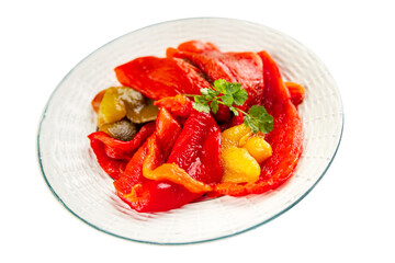 Baked pepper vegetable bell pepper tasty food snack dish fresh gourmet food background on the table rustic food copy space top view keto and paleo diet Vegetarian and vegan food