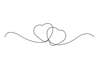Fototapeta premium Continuous one drawing of two hearts and love signs. Thin stroke and romantic symbols in simple linear style. Doodle vector illustration