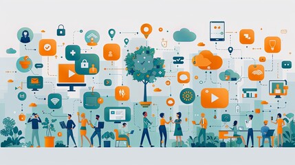 A futuristic digital network showcasing cybersecurity with glowing locks, data nodes, and human figures, symbolizing secure technology and connectivity.
