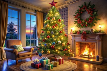 Obraz premium A beautifully realistic 3D Christmas tree adorned with vibrant lights and colorful ornaments, bringing festive cheer and warmth to your holiday celebrations. Perfect for seasonal joy.