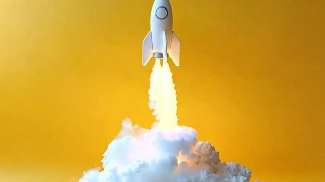 A yellow rocket launching with smoke trailing behind, symbolizing ambition, innovation, and technological advancement.