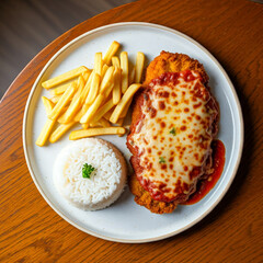 Parmigiana Steak garnished with rice and french fries