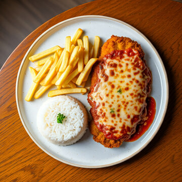 Parmigiana Steak garnished with rice and french fries