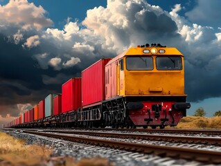 Fototapeta premium Freight trains hauling massive containers navigating through retro futuristic railway yards with sketch like industrial countryside scenes