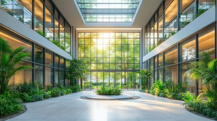 A modern atrium filled with greenery and natural light, promoting a serene atmosphere.