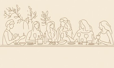 Fototapeta premium A simple line drawing of friends having dinner together One person is standing up, talking to the group, while others sit at the table with wine glasses in their hands,