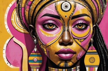 Colorful abstract artistic portrait painting of a black woman, african culture.
