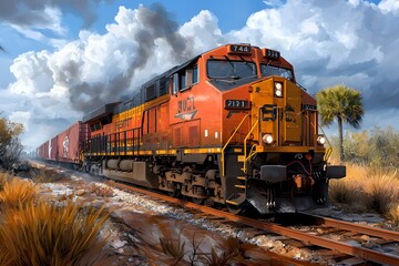 Obraz premium Efficient freight transportation network with intermodal freight hubs railway yards and digital painting of retro futuristic rural countryside landscape