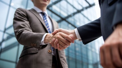 Obraz premium Two business professionals shaking hands in a modern office environment.