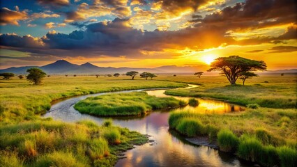 Obraz premium A breathtaking Savannah scene featuring a calm river, vibrant green grasslands, distant mountains, and stunning sunset reflections in a peaceful wilderness, perfect for nature photography.