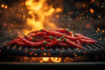 Red chili peppers on an iron grill with scattered spices for a fiery display.