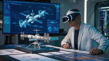 A scientist uses virtual reality to explore a space station model and digital interface.