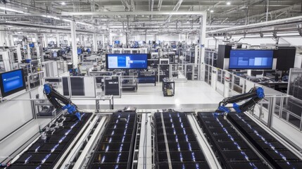 High-tech battery manufacturing facility featuring automated robotic arms assembling energy storage units. Engineers monitor operations on large digital screens in a cutting-edge production environmen