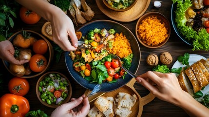 A cozy outdoor gathering of friends and family sharing a vibrant nutrient dense meal in a serene garden setting with warm natural lighting and a classic rustic style