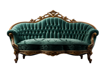 ornate vintage sofa, green velvet upholstery, intricate wooden carvings, baroque style, luxurious furniture, elegant design, high-quality craftsmanship, artistic detail, classical decor, PNG.