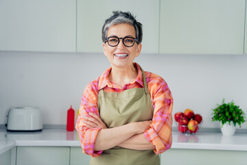 Charming mature woman in apron standing confidently in modern kitchen interior ready to prepare...