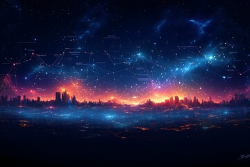 Beautiful cosmic landscape over a futuristic city skyline at dusk with vibrant colors