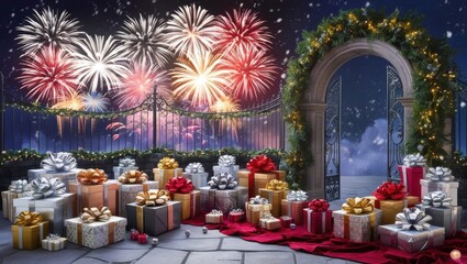 Fototapeta premium New Year's atmosphere with fireworks balloons and gifts