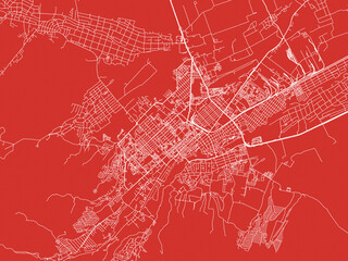 Fototapeta premium Christmas Map of Nalchik, Russia in Snowy White on Festive Red Background.