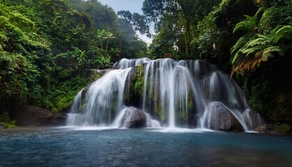 Stunning waterfall cascading into turquoise pond in lush jungle