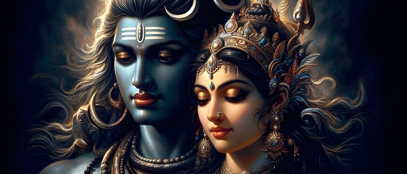 Vibrant Closeup of Lord Shiva and Parvati A Mythological Portrait
