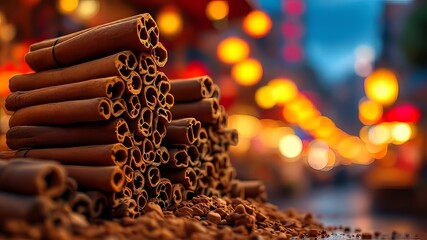 Close-up of cinnamon sticks, a vibrant night market scene.