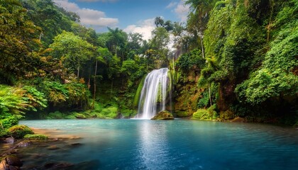 Stunning waterfall cascading into turquoise pond in lush jungle
