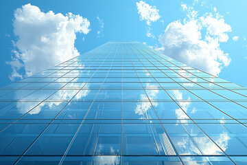 Fototapeta premium Glass skyscraper facade reflecting clouds and blue sky.