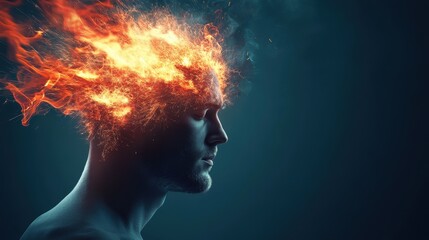 Conceptual image of a man with a fiery explosion representing ideas and creativity bursting from his head against a dark background