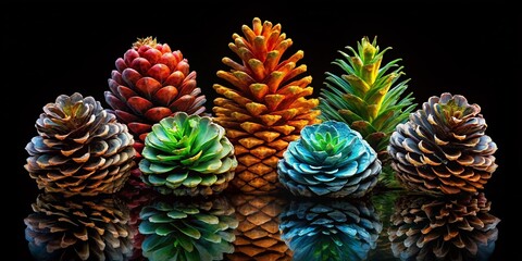 Obraz premium A captivating double exposure displays five pine cones in different growth stages on a black backdrop, beautifully revealing the diversity and intricacy of nature.